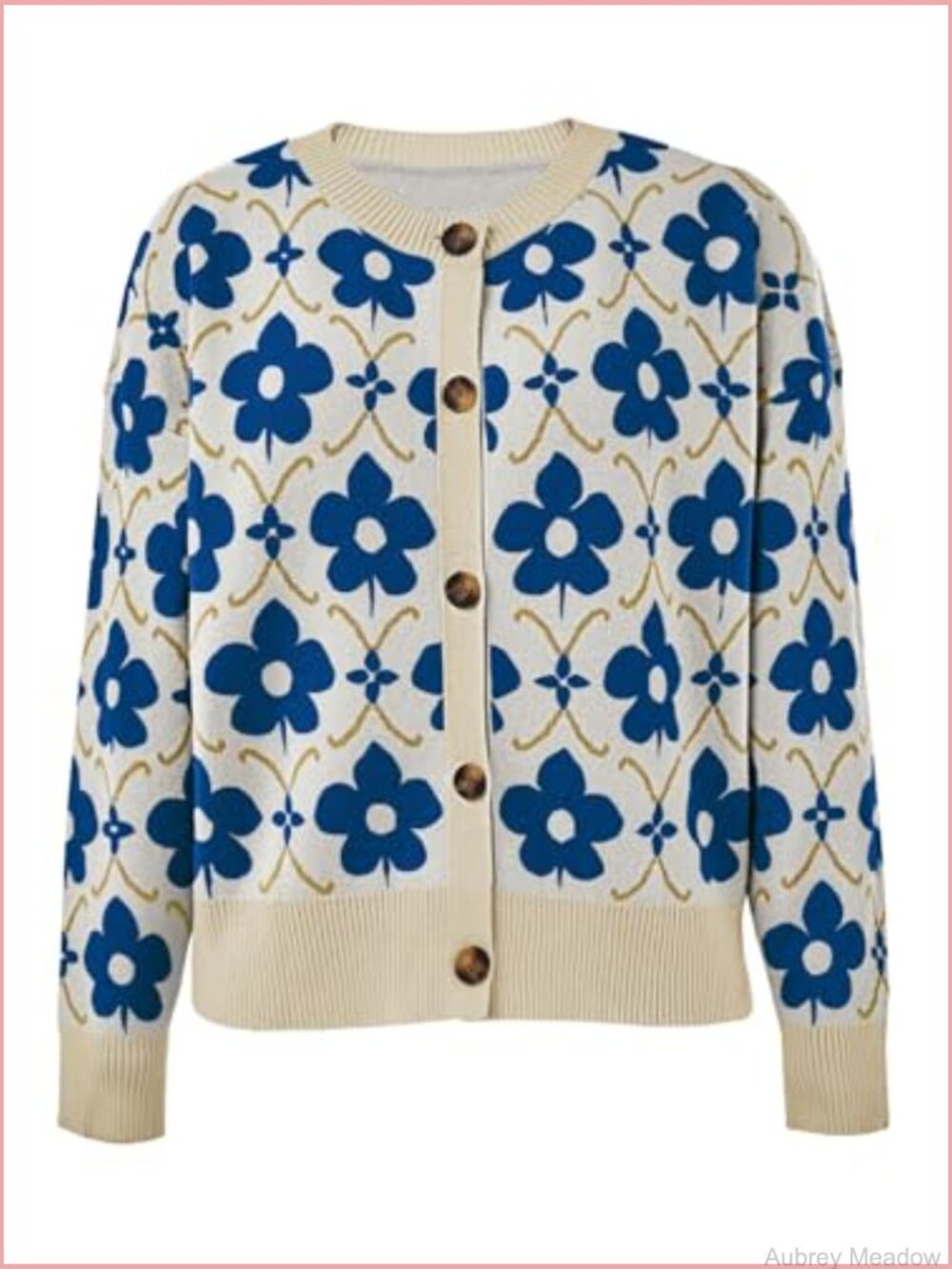 Floral Cardigan Sweater Long Sleeve Open Front Button Down Knit Retro Coat - Picture 6 of 7